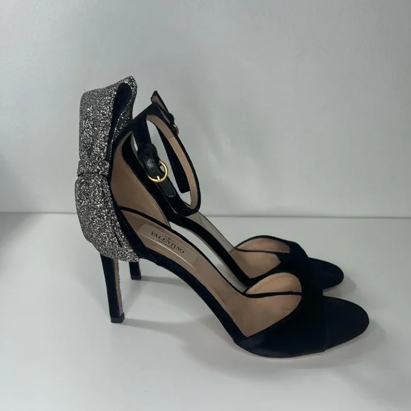 Valentino Garavani Black Velvet Sparkle Bow Strappy Heeled Sandal